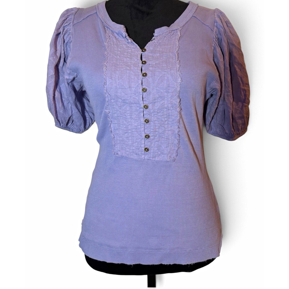 Pilcro Anthropologie Bella Henley Top Purple Puff Sleeve Ribbed Button Front Top